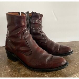 Vtg Acme Mens Burgundy Leather Short Western Boots Side Zip Pointed Toe 9 EW